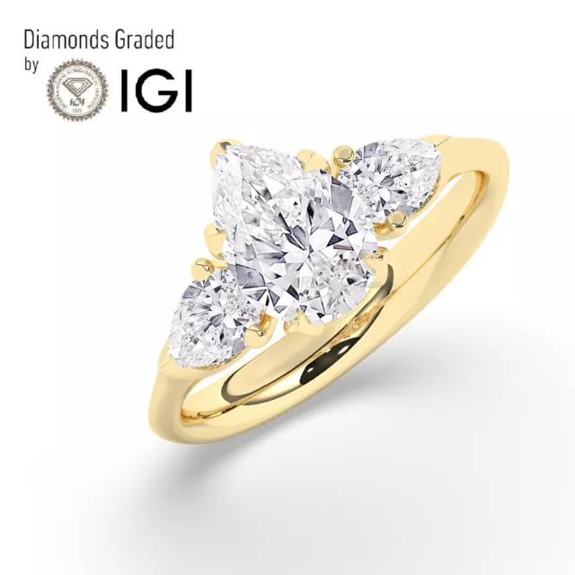 Pear Solitaire 18K Yellow Gold Trilogy Ring, 2 ct D/VS1  Lab-grown IGI Certified