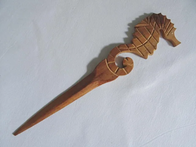 Vintage Paper Knife Letter Opener Seahorse Carved Wood Treen Wooden Bead Eye