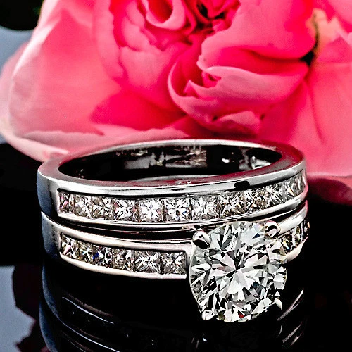 2.41 Ct H/Vs2 Round Cut Diamond Engagement Ring 14K Matching Band Set Treated