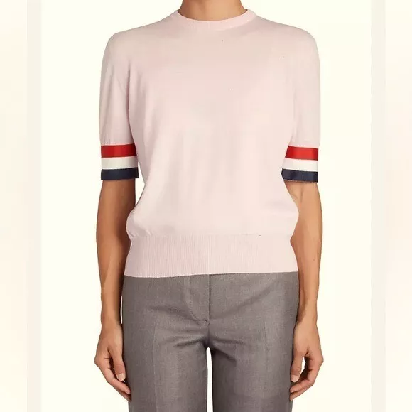 THOM BROWNE Stripe Grosgrain Cuff T-Shirt in Pink Size 3 US L