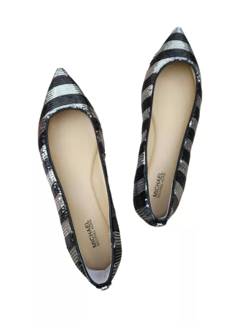 Michael Kors Arianna Black Silver Stripe Sequin Pointy Flats 7.5 Worn Once  CG