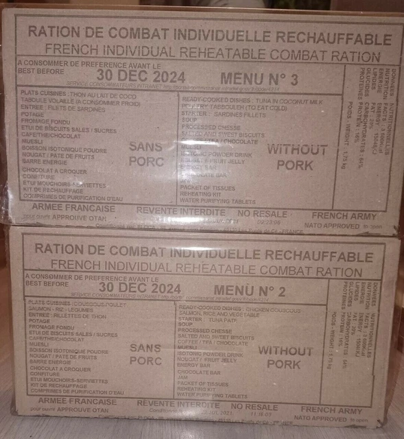 RATION DE COMBAT française Lot 12 Ration 24h 7 Sortes Différentes 202425 lot 5 EUR 125,00 RATION DE COMBAT française Lot 12 Ration 24h 7 Sortes Différentes 202425 lot 5 EUR 125,00
