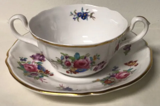 Spode Copelands China England Dresden Rose Double Handle Cream Soup Cup & Saucer