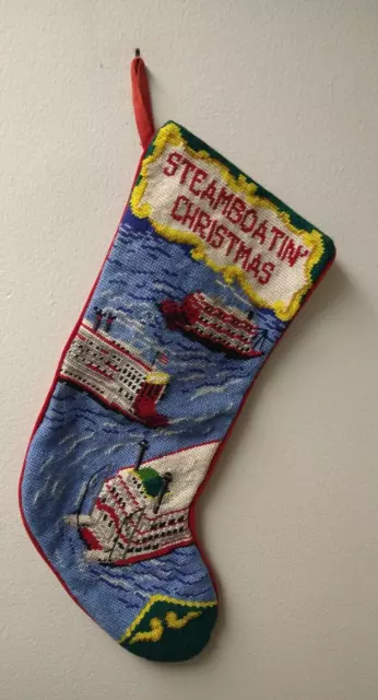 Rare Vintage Handmade Christmas Stocking Needlepoint "Steamboatin Christmas" 17"