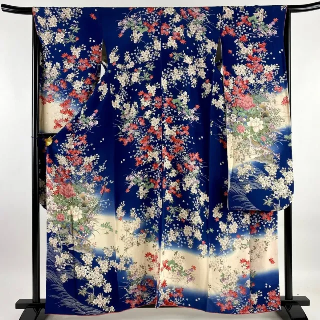 Japanese kimono SILK"FURISODE" long sleeves,Birds & Peony,Gold leaf,5' 4"..3329