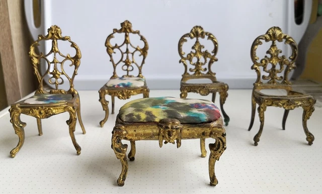 Paire De Chaises Miniatures Dorées Et Velours – Pour Poupée Ou Déco