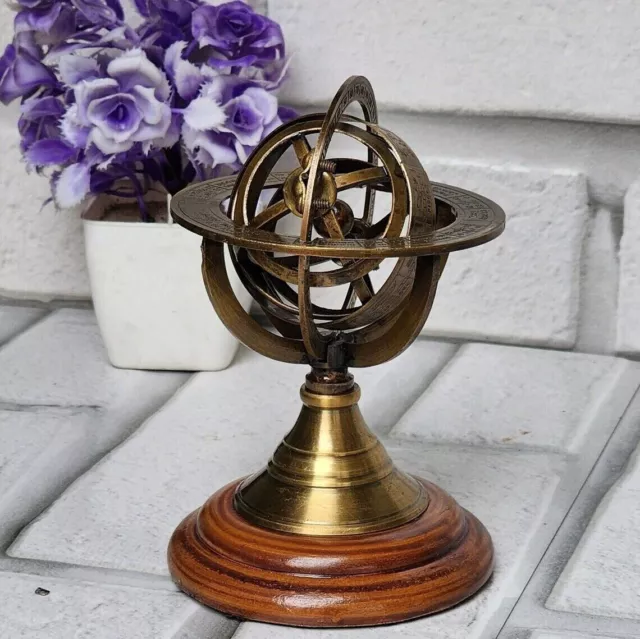 Antique Wooden Base Vintage Armillary Brass Desktop Astrolabe Globe Sphere Gift