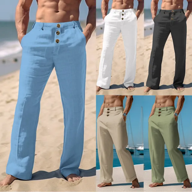 Mens Summer Casual Cotton Linen Baggy Harem Pants Beach Pocket Hippy Trousers /