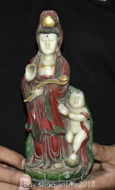 9" Old Chinese Shoushan Stone Gild Carved Buddhism Kwan-yin Tongzi Boy Statue