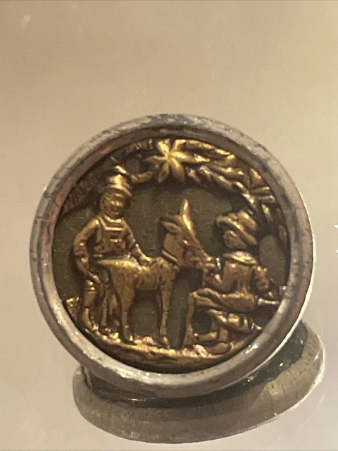 Antique KATE GREENAWAY Metal Button Children Playing With Goat 5/8”