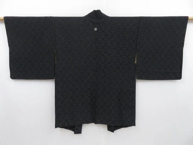 3023T08z550 Vintage Japanese Kimono Silk HAORI Flower Black