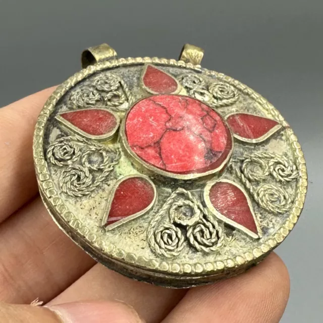 Unique Rare Ancient Roman Brass Pendant With Coral Stones 3