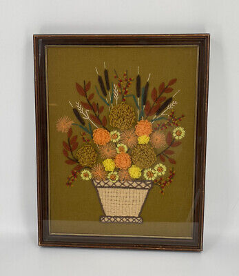 "Cesta de flores grande de colección años 60 con aguja enmarcada caja de sombra colgante de pared 21""x26,5"