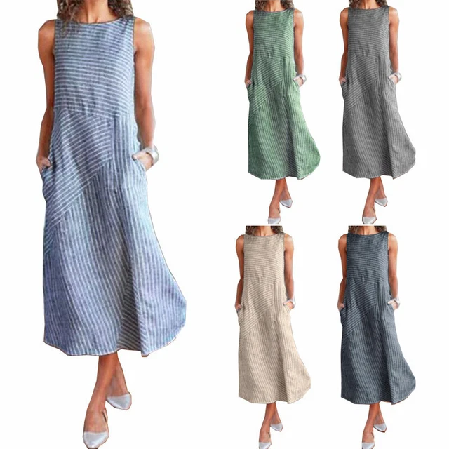 Femme Rayé Été sans Manche Long Robe Femmes Plage Caftan Décontracté Maxi Robe *