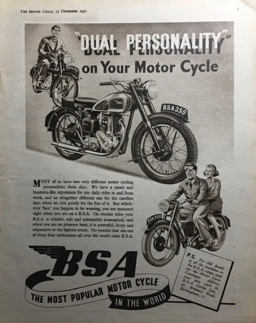 BSA MOTORCYCLES 350cc ORIGINAL 1951 B/W ADVERTISEMENT 26cm x 19cm