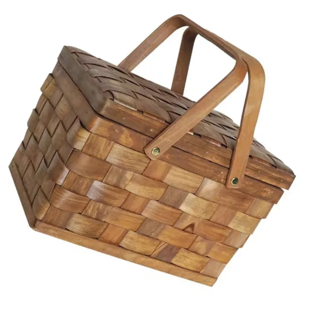 Hand Woven Wood Picnic Basket Storage with Handle for Home Outdoor Kitchen