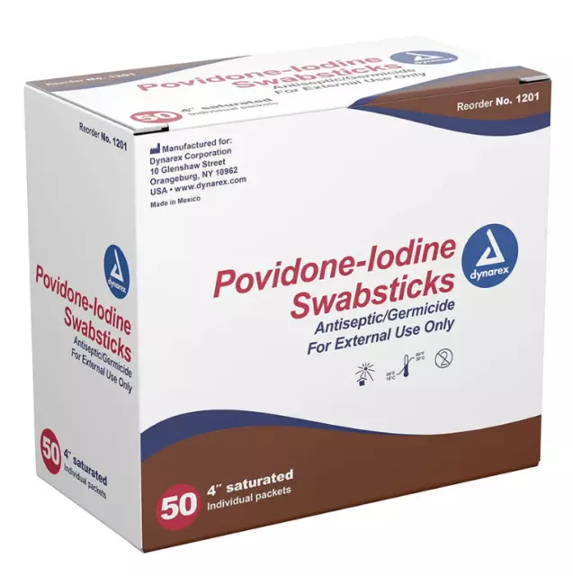 Dynarex Povidone-Iodine Prep Swabsticks, 4" Saturated - Box of 50