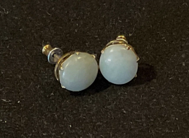 Estate 10k Yellow Gold Green Jade Round Cabochon Stud Pierced Earrings