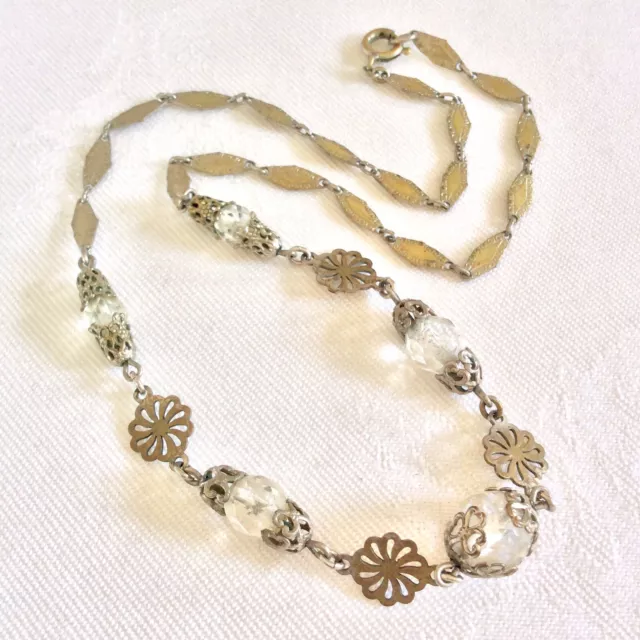 Vintage Early Art Deco Czech Neiger? Clear Glass Filigree Etched Bar Necklace