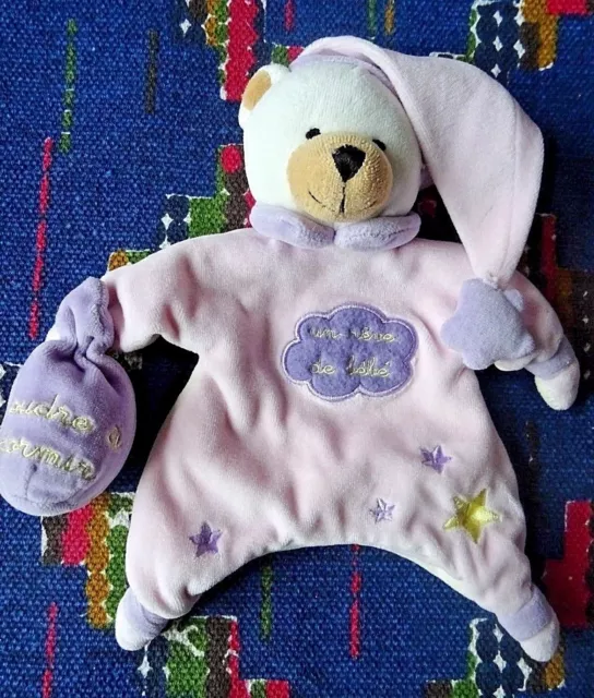 Fp /  Doudou Marionnette  Baby Nat Ours  Violet Rose Parme Poudre A Dormir Tbe