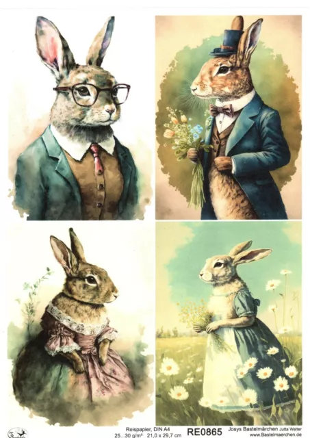 Reispapier A4 Strohseide Decoupage Ostern, Osterhase, Hasen, Anzug Kleid RE0865