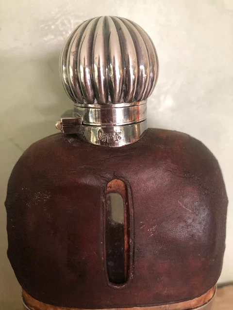 Antique Silver Leather Glass James Dixon & Sons Sheffield Flask