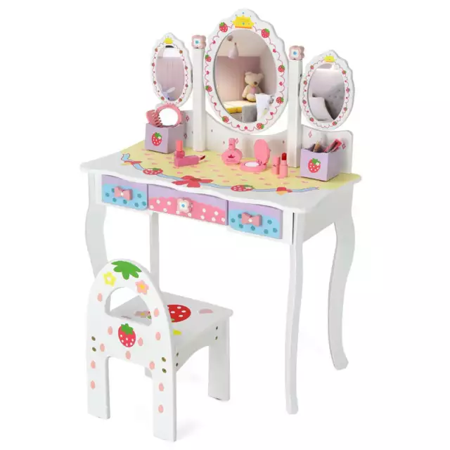 NNECW Kids Princess Vanity Table &amp Chair Set with 360 Rotating Mirror-White 2