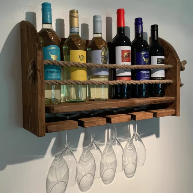 Wine Rack - Wall Mounted Rustic Wine and Spirits Bar holds 6 Bottles/4 glasses