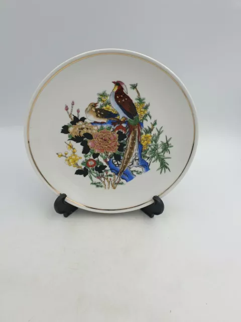 Chinese Porcelain Display Plate Hand Coloured Exotic Birds Plants Gold Raised