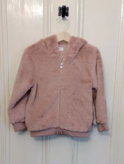 F&F Girls Pink Faux Fur Hooded Teddy Bear Jacket Age 4-5 Years BNWT