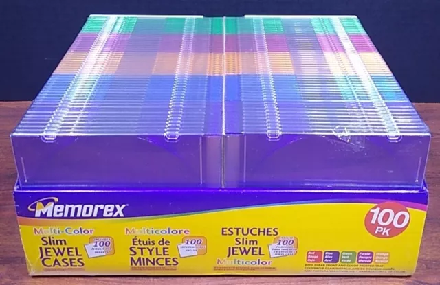 MEMOREX MULTI COLOR SLIM JEWEL CASES 100 PACK WITH INSERTS FOR DVD & CD'S sealed