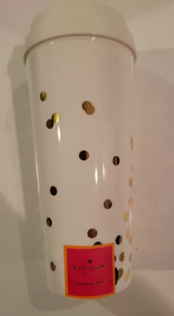 Kate Spade Thermal Travel Mug Cup Coffee Tea Tumbler Insulated Gold Dot 16oz NEW