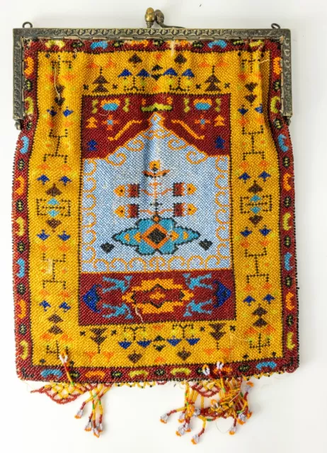 Antique French Art Deco Micro Beaded Colorful Rug Form Purse Hand Bag