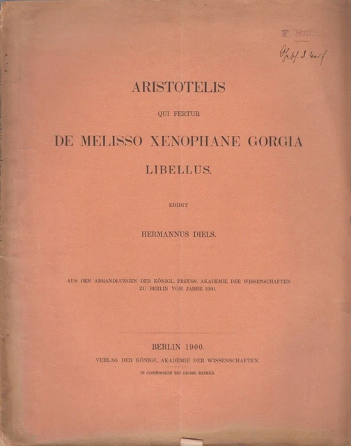 ARISTOTELIS QUI FERTUR De Melisso Xenophane Libellus