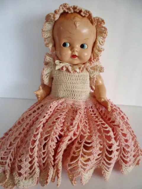 Vintage Ideal Baby Mine Doll Side Glancing Eyes Pink White Crochet Dress Bonnet