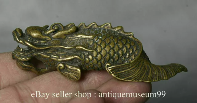 3.2" Rare Old China Copper Feng Shui Dragon Fish Beast Luck Sculpture Statue