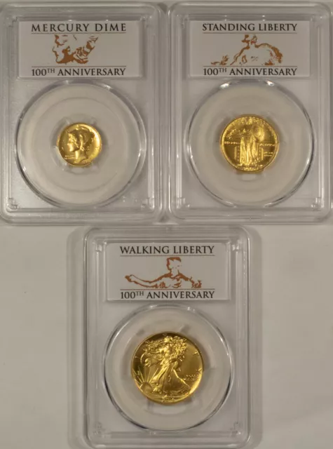 2016-W 100Th Anniversary Gold 3 Coin Set 1/2, 1/4, 1/10Oz Pcgs Sp70 First Strike