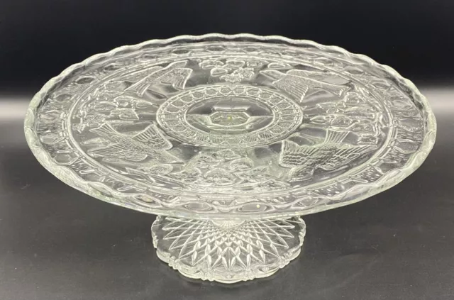 Vtg EAPG Birds and Strawberries Clear Glass Cake Plate Stand Indiana Glass Co.