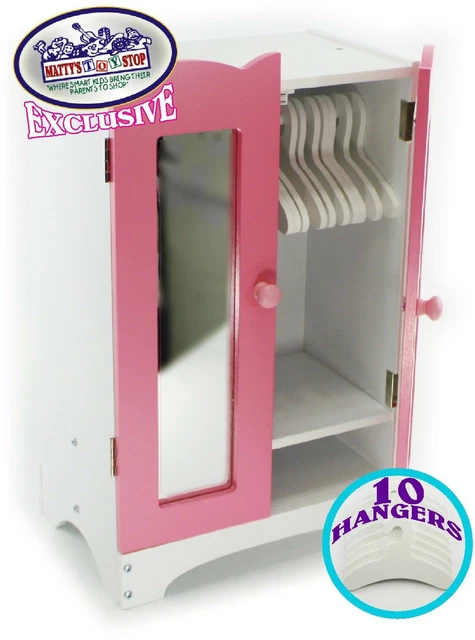 18 Inch Doll Furniture Pink/White Wooden Armoire Closet with 10 Hangers