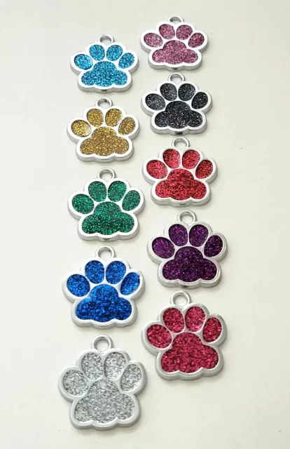 2 x Pfote Glitter Hundemarke, stabil, Adressanhänger, Gravur, Metall 25 x 27 mm