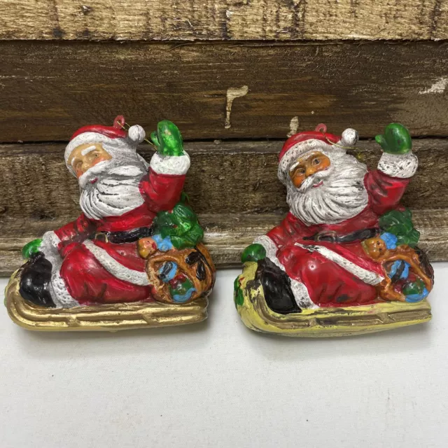 Lot Of 2 Vintage Mini Blow Mold Santa Sleigh Sled Christmas Ornaments 3”