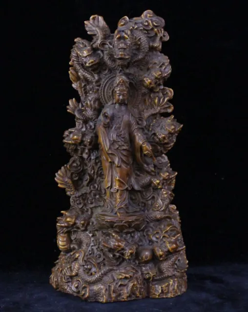 Old Chinese Hand Carving "GuanYin" Buddha and Dragons Boxwood Statue Sculpture