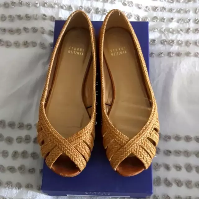 Stuart Weitzman Camel Peep Toe Leather Flats Sz 8.5 with Box