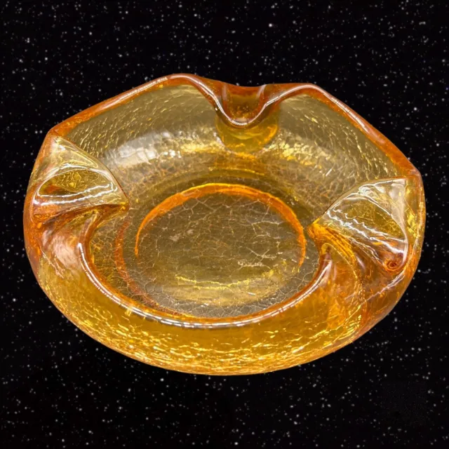 Viking Crackled Art Glass Amber Ashtray Bowl Hand Blown Folded Edges 7”W 2.25”T