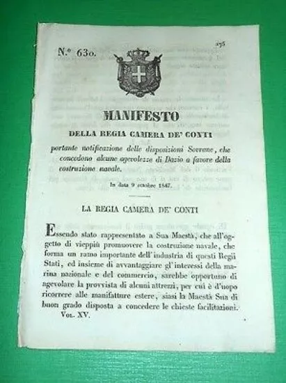 Decreti Regno Sardegna Torino Manifesto Agevolezze Dazio Costruzione Navale 1847