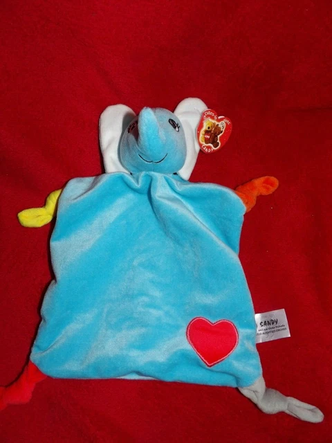 Doudou Plat Sandy Eléphant Bleu Jaune Gris Coeur Rouge Neuf
