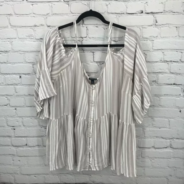 Torrid Top Womens 4X Gray Stripe Cold Shoulder Button Up Peplum Boho Peasant