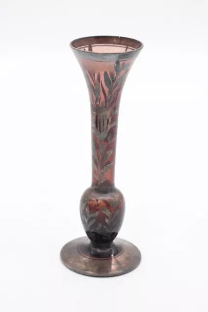Alte kleine Blumenvase Vase Burgund Glas Silberauflage Blumen Vintage H 15 cm 2
