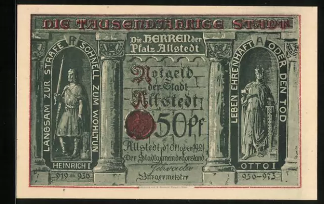 Notgeld Allstedt 1921, 50 Pfennig, Blick auf Sachsenburg, Kyffhäuser und Schlos