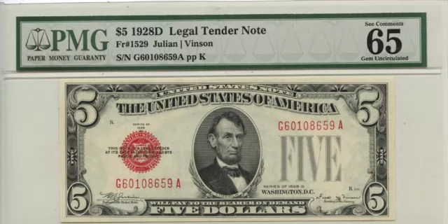 1928D $5 Legal Tender Note Red Seal Fr# 1529 PMG Gem65 EPQ